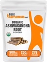 Suplemen BulkSuplements.com Organic Ashwagandha Powder - Organik Ashwagandha Suplemen, Sumber dari Akar Ashwagandha - Gluten Bebas, 2g per Serving, 250g (8.8 oz) (Paket 1)