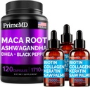 4 in 1 Liquid Biotin Collagen Keratin Saw Palmetto Drops (2 fl oz - 3 Pack) & 6-1 Maca Root Ashwagandha w Black Pepper Fruit (120ct) - Rambut, Skin, Nails, Energi & Mood Supplemen