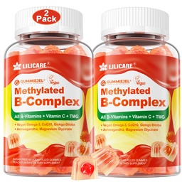 Kompleks Penuh Gummies & Pria Super Vitamin B, Methylated w / Omega 3, Magnesium, CoQ10, Ashwagandha, Vitamin C, TMG, Sugar Free - 60 Count (Paket 2)