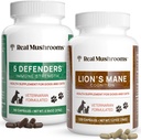 Jamur Real 5 Defenders for Pets (90ct) dan Lions Mane for Pets (120ct) - Bundle for Ammune Strength & Cognition - Vegan, Non-GMO, Gluten- Free, Grain- Free Mushroom Pet Suplemen