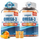 Vegan Omega 3 Gummies 1280mg + Vitamin D3 K2 (MK7), Alfa Ikan 3 Omega Oil Alternatif untuk Orang Dewasa, w / Algae EPA 600mg & DHA 400mg, MCT Oil - Tanpa Rasa Ikan - untuk Otak, Mata, Kesehatan Imune, Gula Bebas, 2 Pack