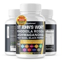 St. John 's Welt Rhodiola Rosea Ashwagandha Holy Basil Valerian Chamomile Black Pepper -150 Capsules- Dibuat di USA