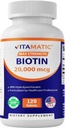 Potency Tinggi Vitamatic Biotin 20000 mcg (20mg) dengan Kertin 100mg - 120 Vegetarian Tablet - Suplemen Biotin untuk Healthy Hair Skin & Nails untuk Dewasa (120 Cacah (Paket 1)