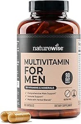 Naturewise Multivitamin for Men - Daily Male Support - Minetered & Herbs for Energy, Performance, Imunity - with Vitamin A, C, D, B-Complex - Soy & Gluten- Free, Non-GMO - 180 Capsules [3- Bulan Supply]