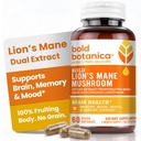 Kapak Jamur Mane Mashroom Bold Botanica - 100% Fruiting Body - Terkonsentrasi Ekstrak Mane Lion Organik - Nootropic Kesehatan Otak - Memori, Mood, Imune Dukungan - 60 Vegan Capsules