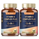 13-in- 1 Vitamin B Kompleks Plus dengan Vitamin B1, B2, B3 (Niasin), B4, B5, B6, B7 (B8 (Inosiol), B9 (FOLD), B12, C, D3, K2 untuk Energi, Nerve, Immune, Skin - 120 Caps per Botol - 2 Botol