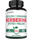 Berberine 1500mg Supplement with Organic Ceylon Cinnamon Bark & Bitter Melon - 240 Vegan Capsules for 80 Servings - Imune System, Heart Health, Body Management & Diatle Support