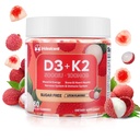 Vitamin D3 K2 Gummies w / Magnesium Sugar Free - 60 Count 124; D3 Vitamin 5.000 IU + K2 (MK-7) 100 mcg - Vegan K2 D3 Vitamin Suplemen, Supplemen Absorbent Bone, Muscle, Mood & Iood (Lychee Flavor)