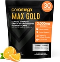 Coromega MAX Gold 3000mg Omega- 3 Fish Oil + Vitamin D Squekets, Wild- Caught, No Fishy Taste - 3X Better Absorpsi Dari Softgels, Mendukung Otak & Heart Health (30 Pelayan, Orange Flavor)