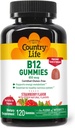 Country Life Vitamin B12 Gummies - 850 mcg Cyanocobalamin, 120 Count - Vegan, Gluten- Free Gummy Suplemen Energi Metabolisme & Gugup System - Natural Strawberry Flavor, 2g Sugar
