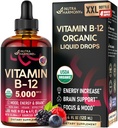 USDA Organik Vitamin B12 Sublingual Drops - 5000 mcg Liquid Vegan Methylcobalamin for Women & Men - Energy Boost, Focus & Mood, Brain Health Support - Maksimalkan Absorpsi - 4 Bulan Suply, 4 fl oz