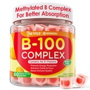 Super Vitamin B Kompleks Gummies - Semua B Vitamin Inosil B12, B1, B2, B3, B5, B6, Biotin, Methylfolat dengan Vitamin C, Choline, Inosiol, PABA for Energy, Brain & Imune Dukungan, Sugar Free