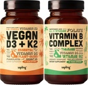 sapling Vegan Vitamin D3 + K2 & Vitamin B Complex Bundle - 4000 IU Vitamin D3 dan 100mcg Vitamin K2 sebagai MK7, Escery B Vitamin with Whole Food B1, B2, B3, B5, B6, B7, Fanolate