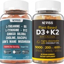 NEVISS Sugar Free L-Tyrosine L- Theanine Gummies 120 Counts + Sugar Free D3 5000IU K2 Gummies 120 Counts
