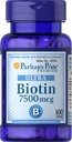 Puritan Pride Biotin 7500 mcg, Healthy Hair Support, 100 Count, 100 Count (Pack of 1)