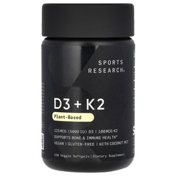 Riset Olahraga Vitamin D3 dengan K2 Softgels - Tanaman berbasis K2 & Vegan D3 5000iu dengan Coconut MCT Oil - Vegan Tersertifikasi, Soy & Gluten Bebas - 120 Count