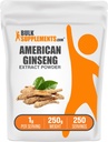 BulkSuplements.com American Ginseng Extract Powder - Ginseng Suplemen, Herbal Suplemen Bebas Gluten, 1g per Serving, 250g (8.8 oz) (Paket 1)