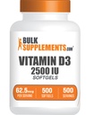 BulkSuplements.com Vitamin D3 2500IU Softgel - Cholecalferol, D3 Suplemen, Vitamin D 2500 IU - 1 Vitamin D3 Softgel (62.5mcg dari Vitamin D) per Serving, 500 Cacah (Paket 1)
