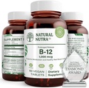 Natural Nutra B12 1000 mcg, Cobalamin B 12 Suplemen, Kalsium Pfoshate, Bantuan dalam Kesehatan Metabolisme, Mendukung Sistem Gugup, Optimal Absorpsi, Gluten Bebas, Gula Bebas, 60 Vegan