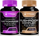Kapsul Tambahan Nattokinase - 5000 FU - Enzymes dari Pure Japan Natto Ekstrak 124; Mushroom Organik Kapsul - 10000mg - 25 dalam 1 Mushroom Complex Capsules