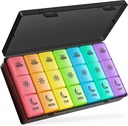 BUG HULL Pill Organizer 3 kali sehari, Large Weekly Medicine Pill Organizer 3X sehari, Kotak Pil 7 Day Cates Morning Noon Evening for Vitamin, Cod- Liver Oil, Suplemen (Rainbow Black)