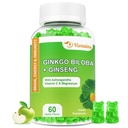 240 MG Ginkgo Biloba dengan Ginseng dan Magnesium, Ginko Biloba Suplemen Gummies untuk Otak Fokus, Mood dan Memori untuk Dewasa, 60 Cts