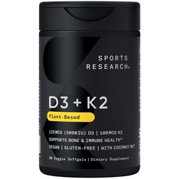 Sports Research® Vegan Vitamin D3 + K2 w/Coconut Oil, 30 Count Plantgels™ | Plant-Based Vitamin D 5000iu/125mcg & Soy-Free Vitamin K 100mcg for Bone & Immune Support - Vegan Certified & Non-GMO Verifed