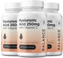 Suplemen Asam Hyaluronic Murni 250mg dengan Vitamin C 50mg, 120 Vegan Capsules - Skin Hydration untuk Natural Glow, Hair, Nails, Bone & Joint Health Formula