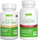 Super B-Complex 180 Tablets + High Absorpsi CoQ10 100mg 120 Softgels Energy Bundle, Metode Dilanjutkan Rilis B Kompleks + CoQ10 dengan Vitamin E & D-Limonene, oleh Igennus