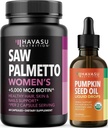 HAVASU NUTRITITION USDA Organik Pumpkin Seed Oil Drops (60 Servings) & Saw Palmetto for Women Hair Complex (30 Servis)