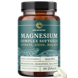 Triple Magnesium Softgeels 126; Citrate, Malate, & Oxide 124; Suplemen Magnesium Absorbable untuk Dibuble, Calm, Leg Crass, & Sleep 124; 300mg Complex 124; Mudah untuk Swallow Soft Gels 128; 60 Count