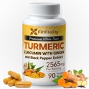 Ekstrak Turmeric Curcumin 2565 mg, 90 Capsules, 95% Curcuminoid & BioPerine Black Pepper Extract, Tambahan Suplemen Turmeric, All Natural & Non - GMO, Glutened-Free, Vegan Capsules