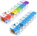 Odaro Extra Weekly Pill Organizer, XL Pill Box 7 Day AM PM, Jumbo Medicine Organizer 2 Kali sehari untuk Menahan Obat-obatan Harian, Vitamin, dan Suplemen, Pelangi & Biru / Putih (Set Dua)