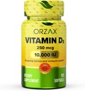 ORZAX Vitamin D3 10.000 iu (250 mcg) - None-GMO, Gluten Free, Sugar Free, Dairy Free - 120-Day Suppply for Strong Muscle Fungsi & Imune Suppplemen - Mood Suplemen untuk Wellness (120 Softgel)