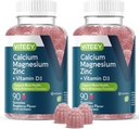 Viteey Calcium Magnesium Zinc Gummies dengan Vitamin D3 - Support Bone Health, Nerve & Imune Fungsi - Calcium Magnesium Zinc D3 untuk Dewasa & Teens - GMO Bebas - Chewable Raspberry Flavored Gummy