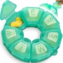 Round Weekly Pill Organizer, TPU Rubberized, Travel Pill Container 7 Day, with 7 Large Comparts, Great for Daily Vitamin & Suplemen, Cute Pill Case with Large Letters and Braille (Hijau)