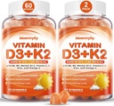 Vitamin D3 K2 Gummies for Adults - Vitamin D3 5000IU + K2 (MK-7) 120mcg - Sugar-Free D3 dan K2 Suplemen dengan Omega- 3, Metyl B12, B9, B6, Vitamin E & Zinc - for Calum Absorpsi & Imune Health