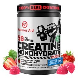 Nature Aid Creatine Monohydrate Gummies (5g) - Pre-Workout Energy & Muscle Growth for Men & Women 124; Strawberry Electrolite Gummies (135 Count)