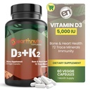 EarthNutri Vitamin D3 K2 Tambahan 5000 IU - Termasuk K2 dari MENA Q7, D3 dari Vitashine, Calcium dari Aquamin & 72 Trace Mineces - untuk Imune, Bone & Heart Health - Non-GMO - 60 Veg Capsules