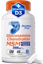 Glucosamin Chondroitin MSM + Vitamin D3 124; Shell4r- Free Joint Support Support for Mobility, Flexibility & Bone Health 126-GMO, Gluten- Free, Soy-7-in-1 Formula untuk Pria & Perempuan