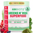 GOBIOTIX Super Greens and Reds Powder - Red and Green Superfood - Probiotic Suplement - Digetical Enzymes and Beet Root Powder - Organic Whole Foods Diet Supplemen (Pom Raspberry, 1 Pack)