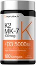 Horbäach Vitamin D3 K2 5000 iu 124; 100mcg MK-7 Complex 124; 180 Softgel Capsules 12.4; Non- GMO & Gluten Free Supplemen