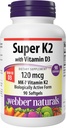 Webber Super Vitamin K2 MK-7 120 mcg dengan Vitamin D3, 90 Softgels, Tambahan Bones, Teeth, dan Sistem Kardiovaskular