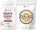 Mikro Ingrediens Vitamin D3 10000iu + K2 200mcg Coconut Oil Softgels & Lions Mane Suplemen 240 Veggie Bundle 2 Pack 124; Escience Sunshine Vitamin 124; Super Food Mushroom Antioksidants dengan L-