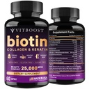 VITBOOST Biotin dengan Acid Hyaluronic, Collagen dan Keratin - 25000 mcg Growth Growth untuk Pria dan Wanita - Nails dan Skin, Amerika Serikat Dibuat - Teruji Partai Ketiga, B1, B3, B6, B7 Kompleks - 60 Capsules