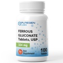 Lab Puregen Ferrous Gluconate 324 mg [Potensi Tinggi] Tambahan Besi, Lembut pada Perut - 100 tablet