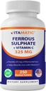 Vitamatic Ferrous Salfate 325 mg dengan Vitamin C 100 mg (65 mg Elemental Iron Iron Suplemen Tinggi - Tidak ada Colors Artificial - 250 tablet berlapis, dibuat di USA