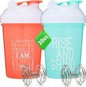 [2 Pack] 20- Ounce Shaker Bottle with Motivational Quotes (Coral & Mint)