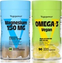 Vegan Omega-3 + Magnesium Gummies = 124; Algae Omega- 3 800mg DHA Suplemen untuk Otak, Kesehatan Mata Jantung - 90 Count 124; 150mg Magnesium Citrate Gummies untuk Dewasa dan Anak Tenang, Relaxasi