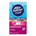 Alka- seltzer Plus Cough & Sore Throat Fizzy Chews, No Water Needed, On The Go Sore Throef for Dewasa, Raspberry Flavor, 24 Count